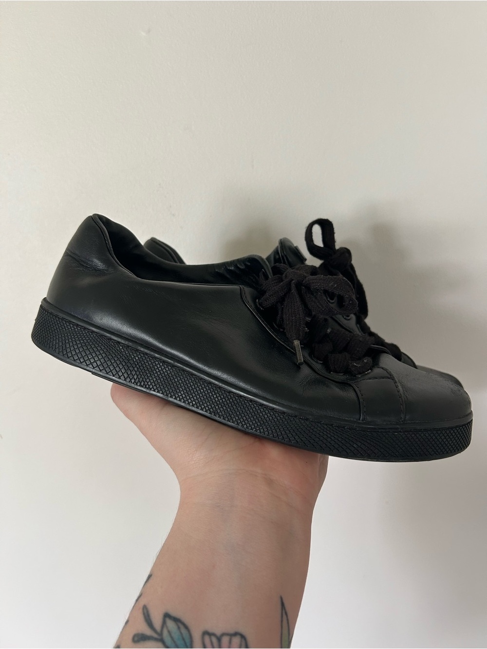 Prada Black Leather Lace Up Low Top Sneakers Size 37 (6.5 US)
